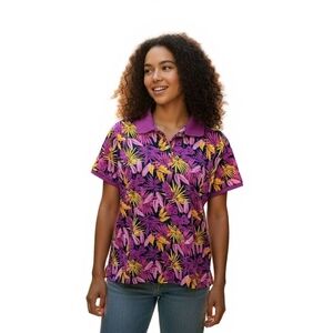 Lands End Womens Cotton Mesh Polo Shirt 2X Fuchsia Tropical Floral Short Sleeve